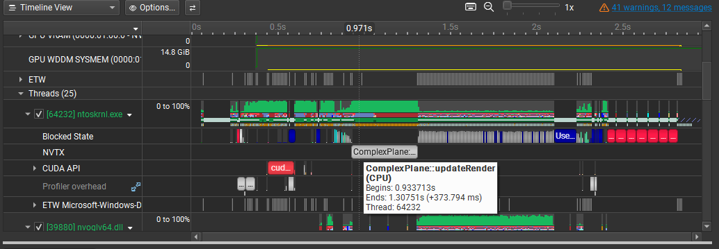 Nsight Systems timing view for ComplexPlane updateRender on the CPU showing about 374 milliseconds for a single full-frame Mandelbrot computation.