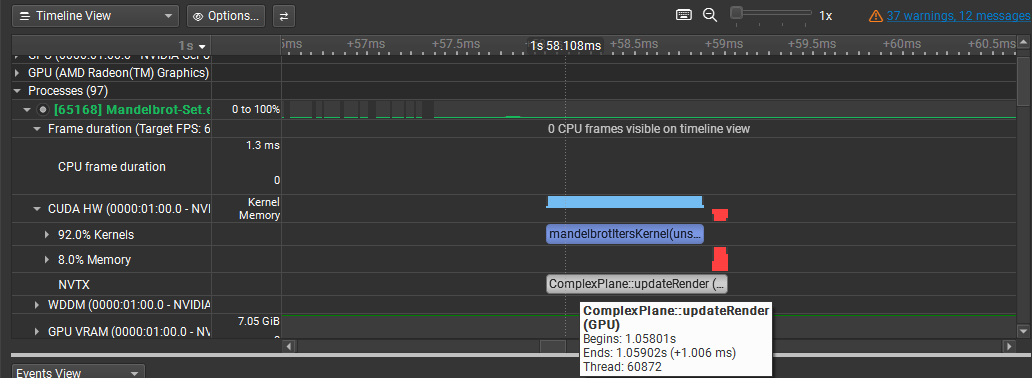 Nsight Systems timing view for ComplexPlane updateRender on the GPU showing about 1.0 milliseconds total with roughly 0.87 milliseconds in the CUDA kernel.