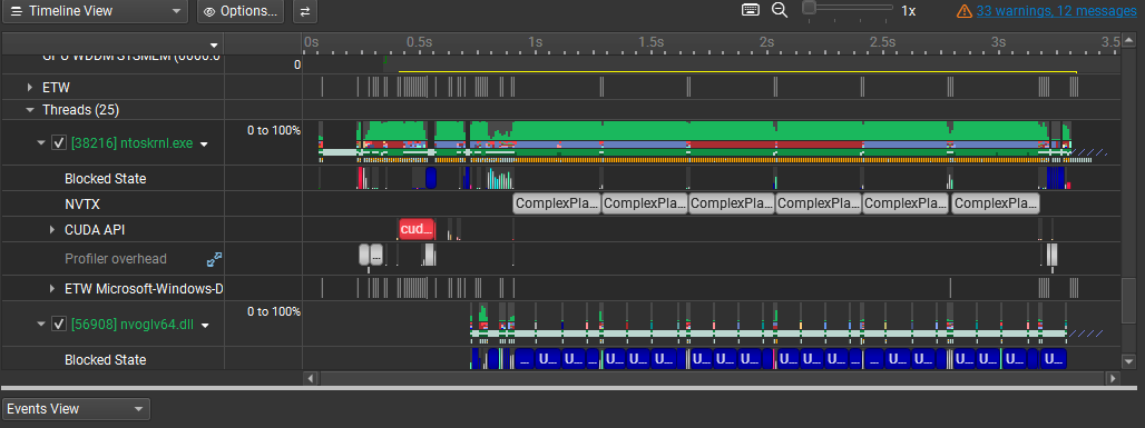 Nsight Systems timeline showing repeated executions of ComplexPlane updateRender caused by failing to transition from CALCULATING to DISPLAYING.